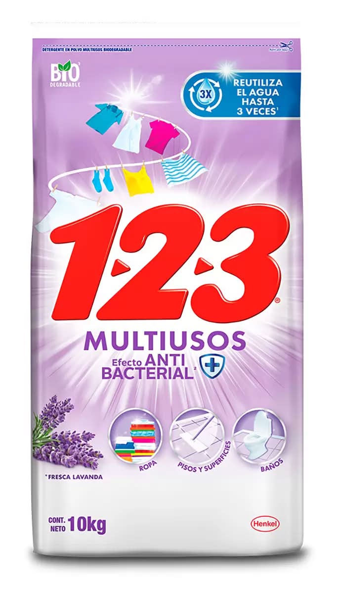 1-2-3 · Jabón en polvo multiusos con efecto antibacterial, lavanda (10 kg)