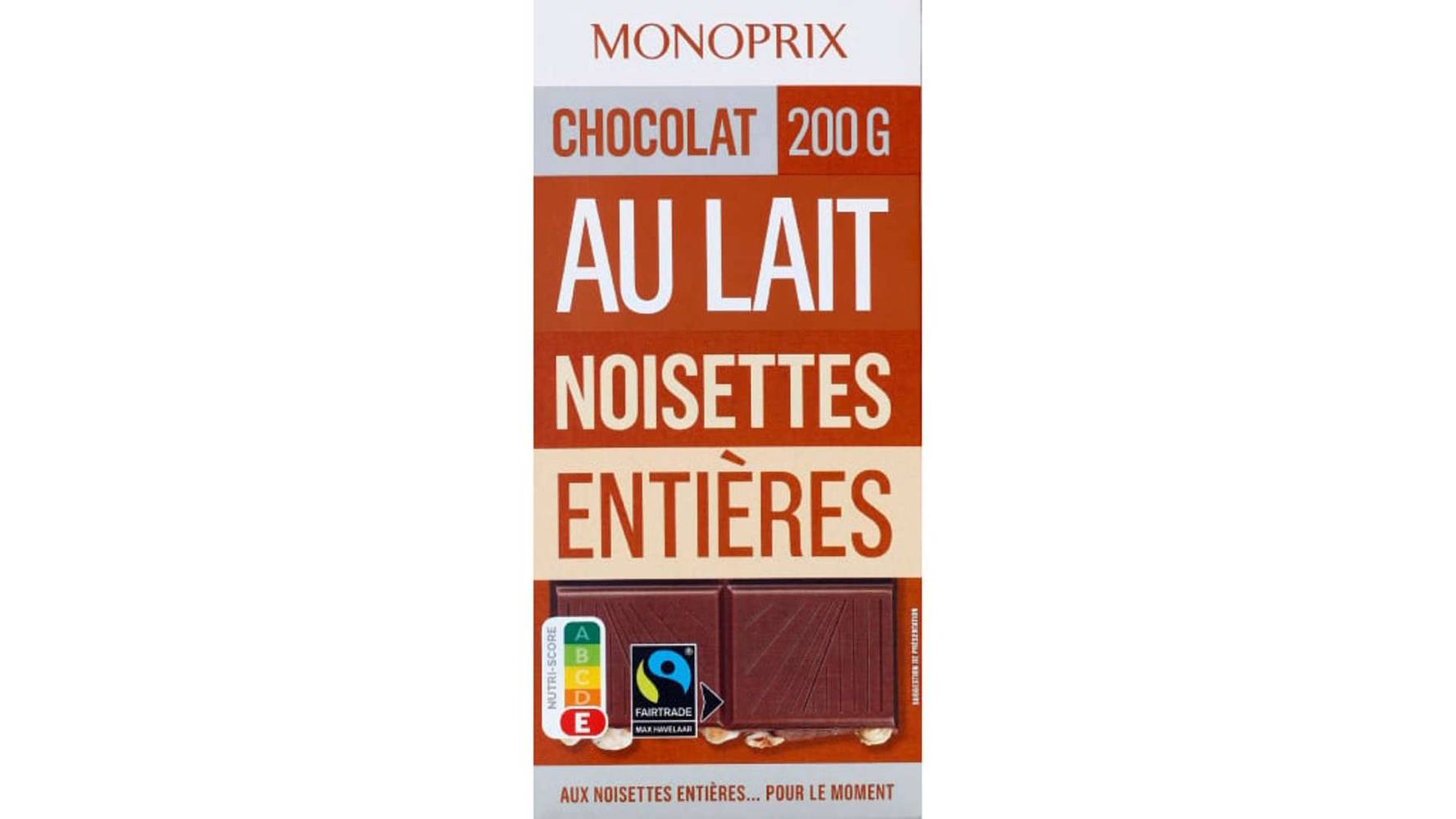 Monoprix Chocolat au lait aux noisettes entières, Max Havelaar La tablette de 200g