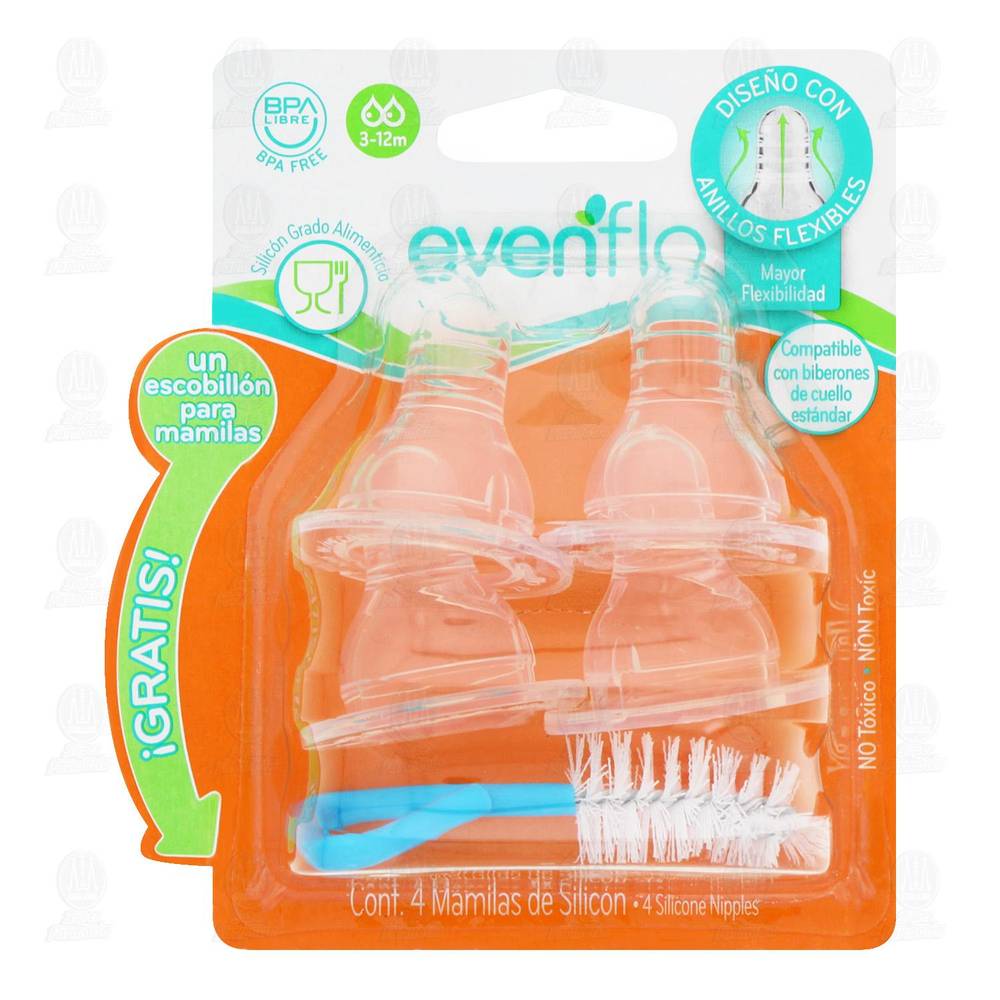 Evenflo · Pack mamilas estándar flujo medio + escobillón (34 g)