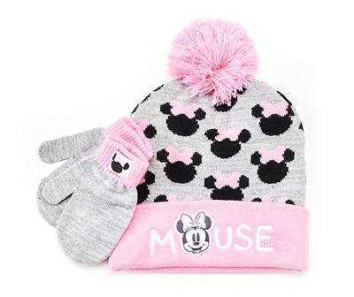 Disney Minnie Mouse Kid's Pom-Pom Beanie & Mittens, Gray-Pink