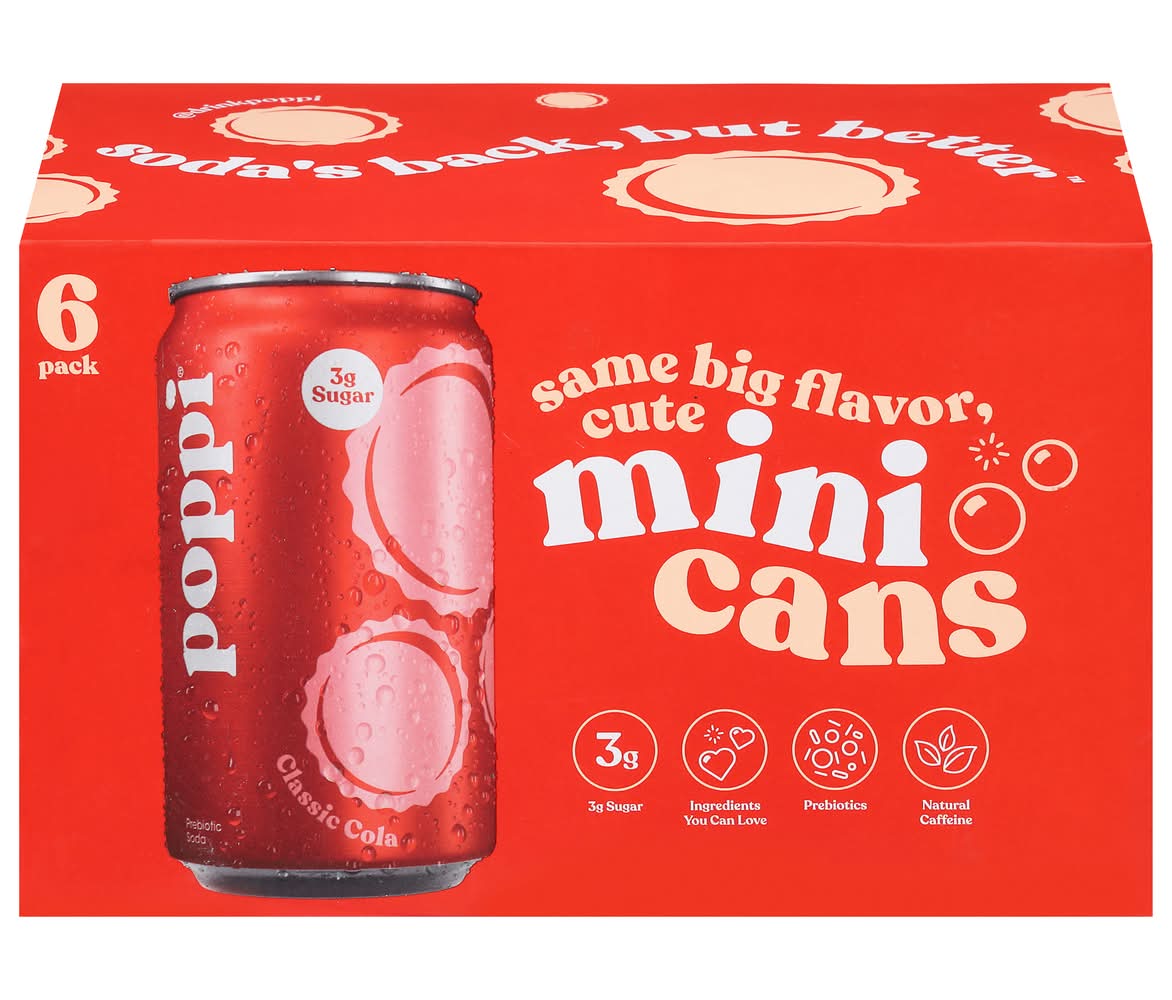 poppi Mini Prebiotic Soda, Classic Cola (6 x 7.5 fl oz)