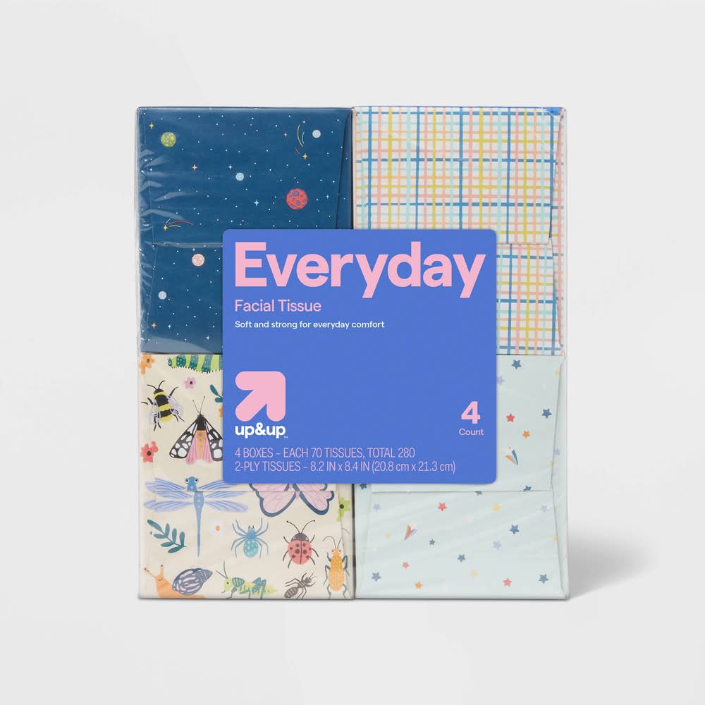 up&up Kids Designs Everyday Facial Tissues, 8.2x8.4 in (4 x 70 ct)