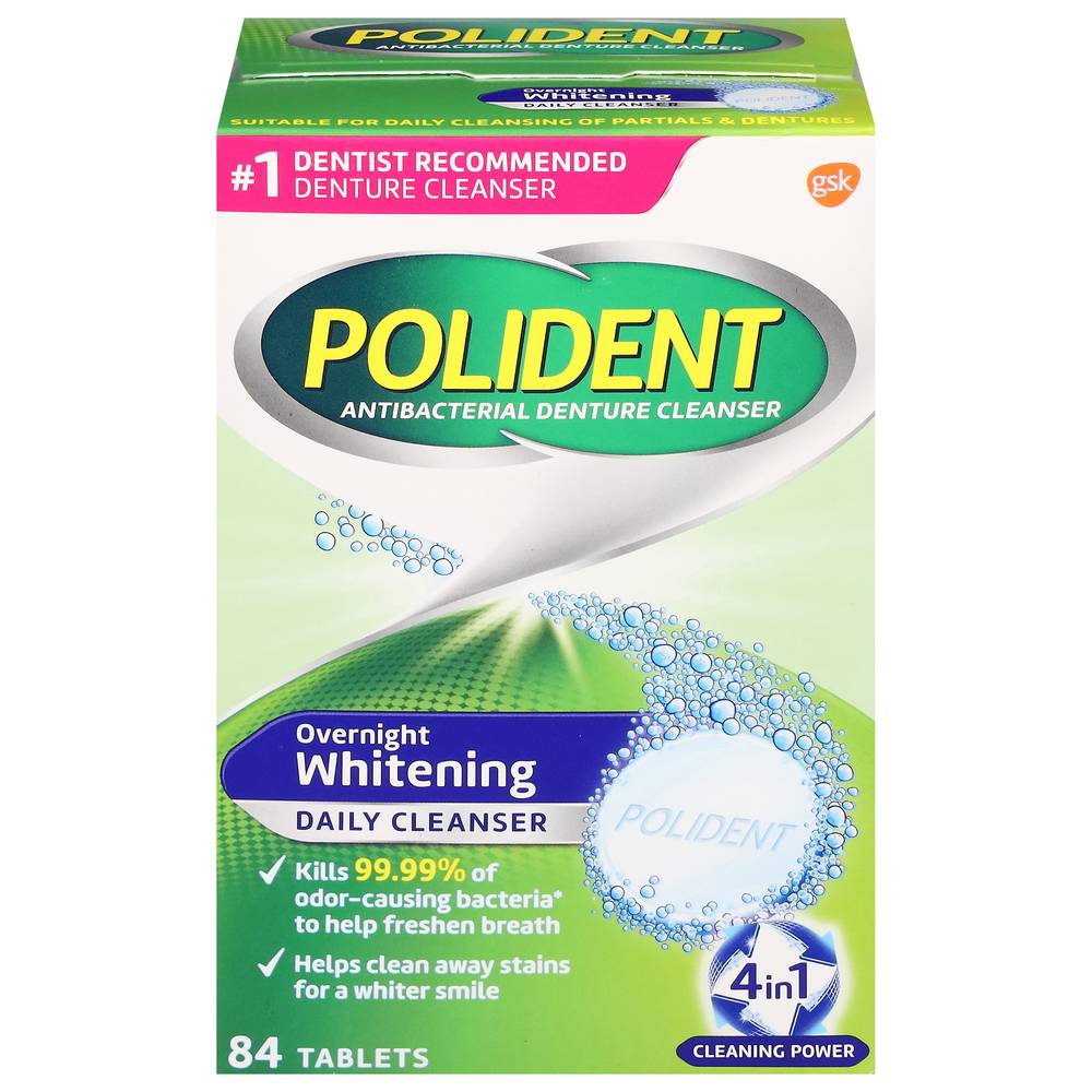 Polident Antibacterial Denture Cleanser Triple Mint Freshness Overnight Whitening Tablets