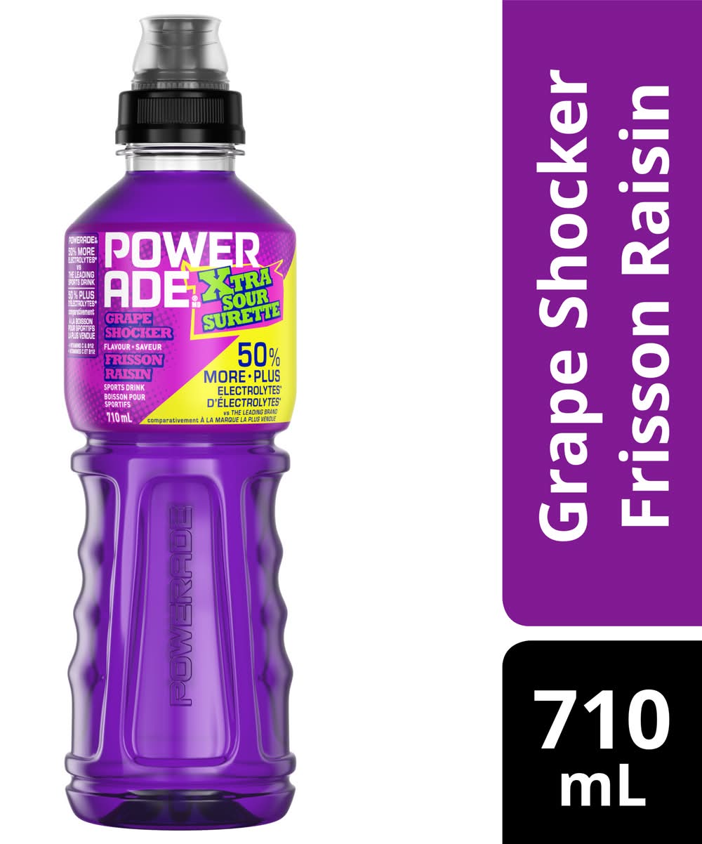 Powerade Xtra Sour Electrolytes Enhanced Sports Drink, Grape Shocker (710 ml)