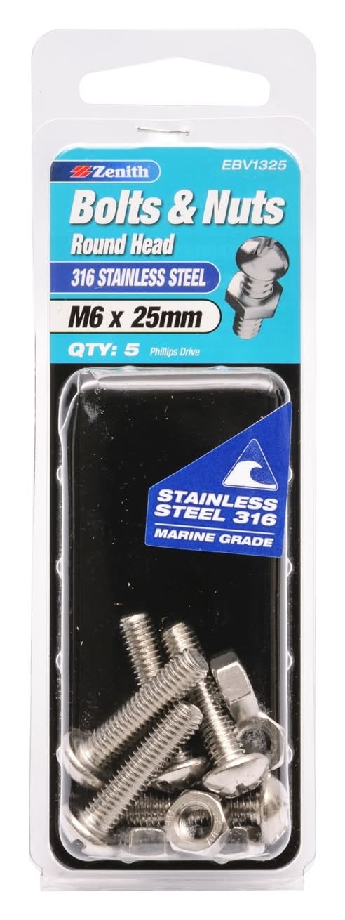 Zenith M6 x 25mm 316 Stainless Steel Round Head Bolt And Nut - 5 Pack