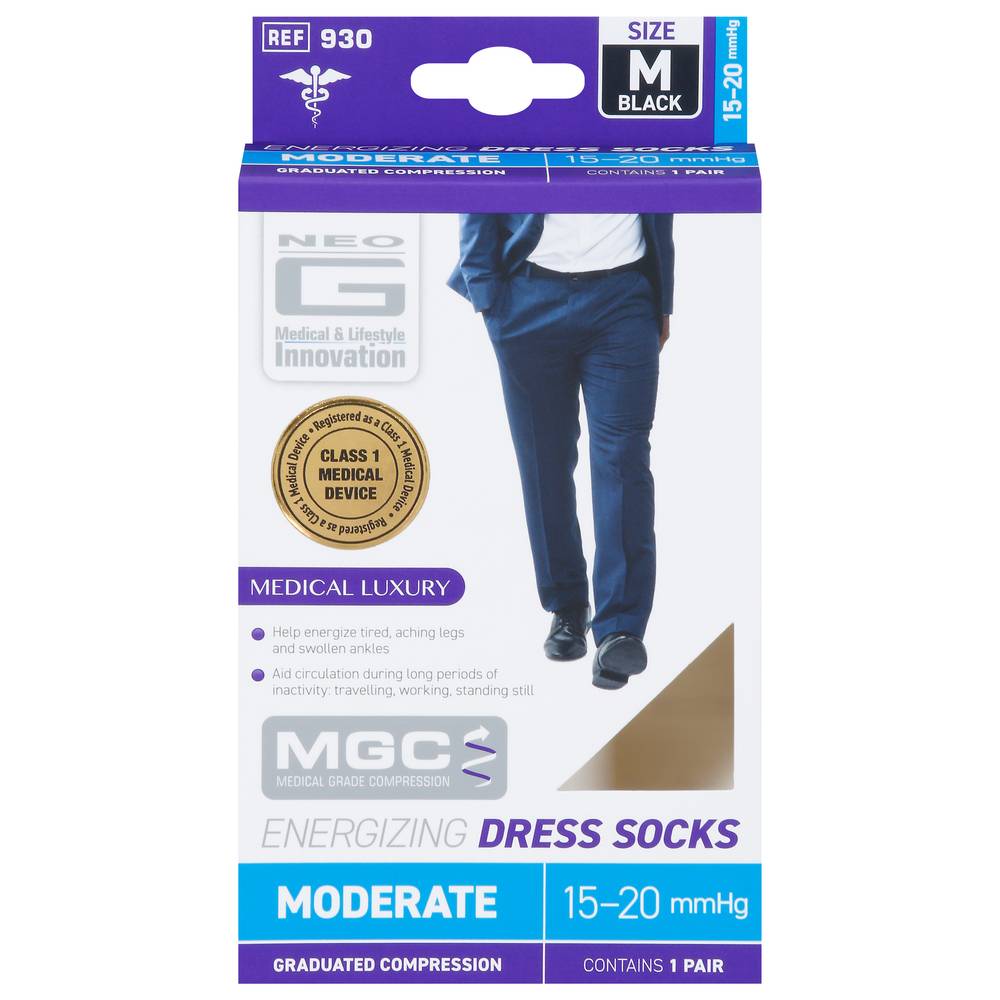 Neo G Moderate Energizing Dress Socks, M, Black