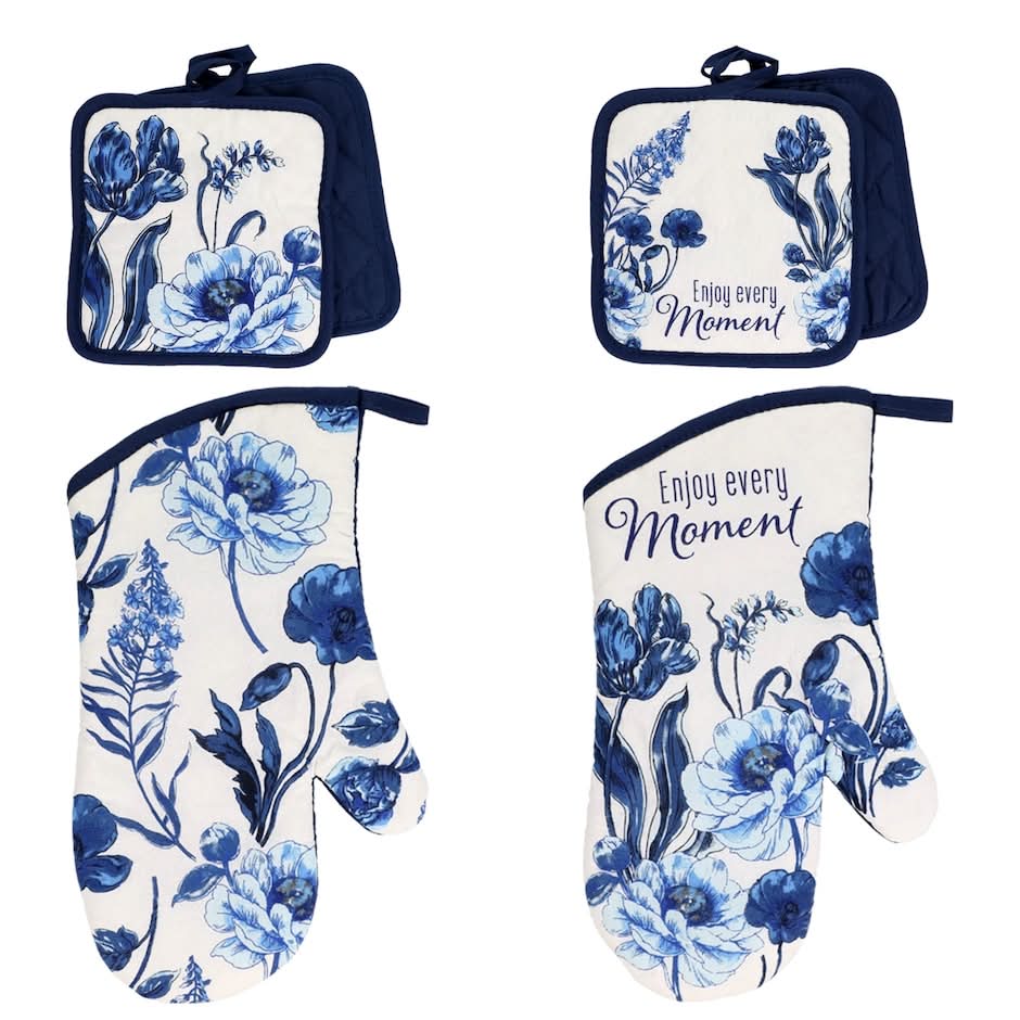 Home Collection Blue Floral Oven Mitts and Pot Holders