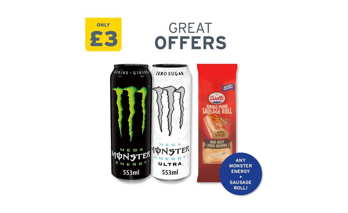 £3: Walls Sausage Roll 130g & Mega Monster 553ml Drink