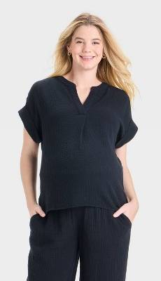 Short Sleeve V-Neck Maternity Gauze Blouse - Isabel Maternity by Ingrid & Isabel™ Black XL