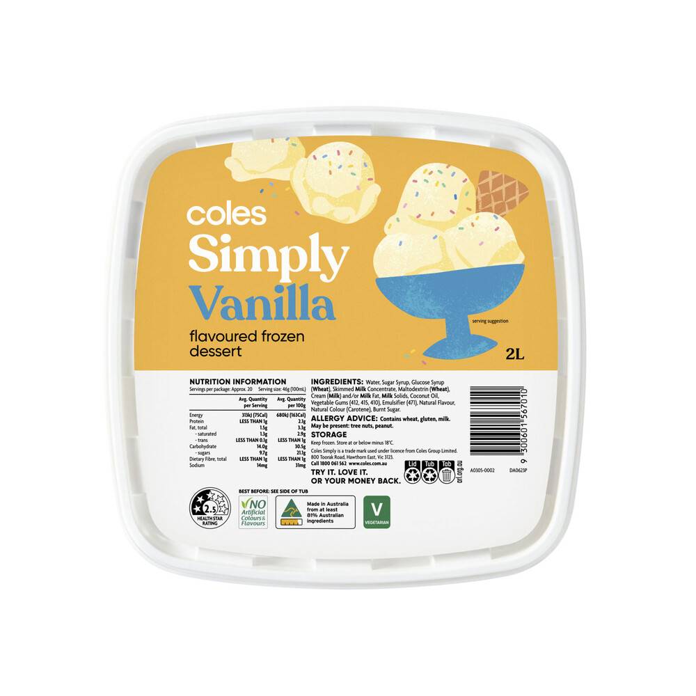 Coles Simply Vanilla Ice Dessert 2L