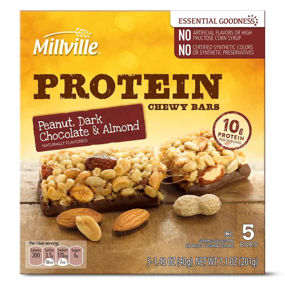 Millville Protein Chewy Bars, Peanut, Dark Chocolate & Almond (5 x 1.42 oz)