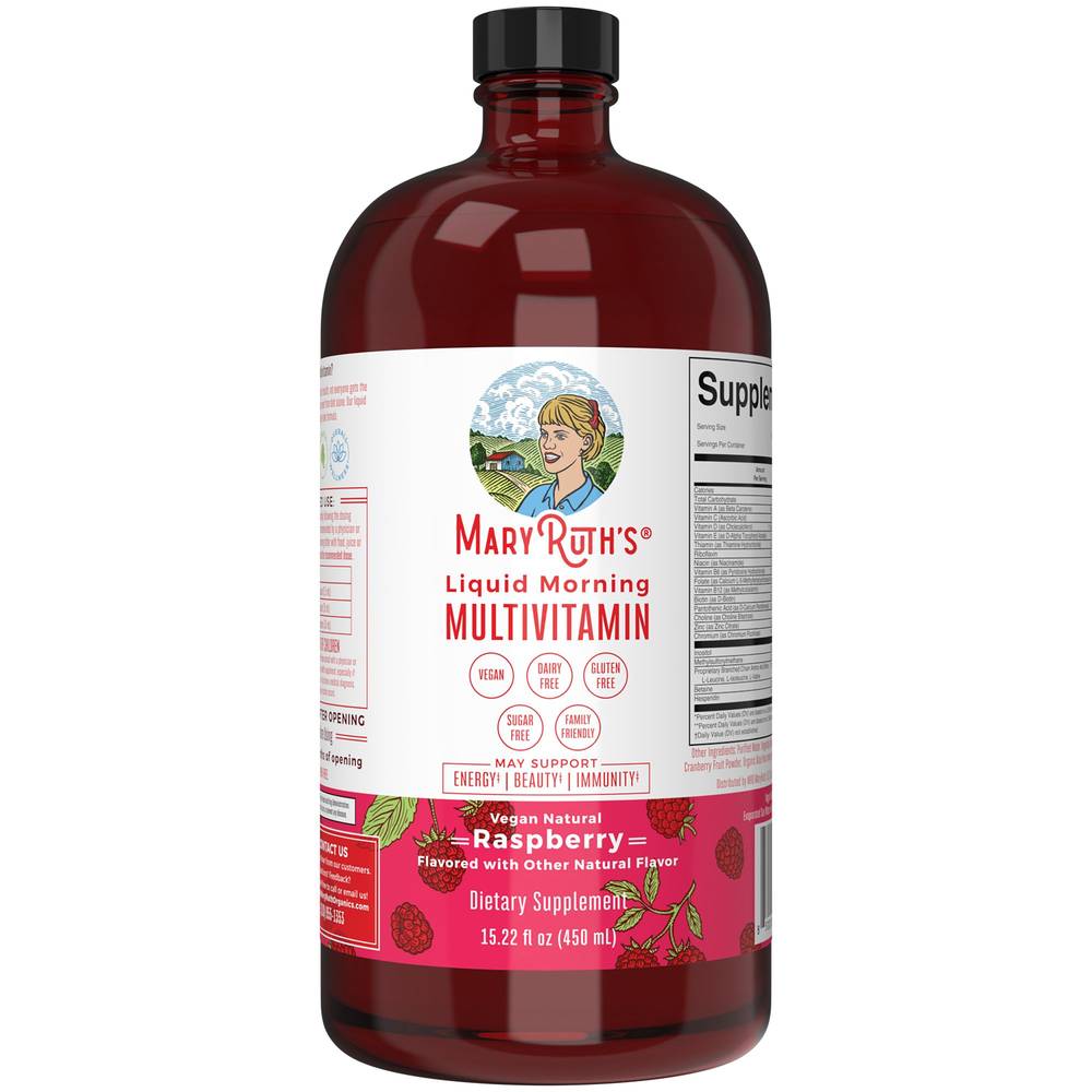 MaryRuth's Liquid Morning Vegan Multivitamin Diatary Supplements, Raspberry (15.22 fl oz)