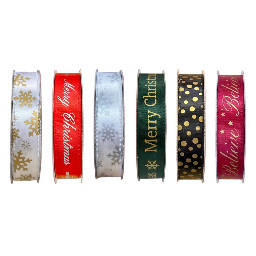 Merry Brite Assorted Designs Narrow Ribbon, 15 Ft (6 ct)