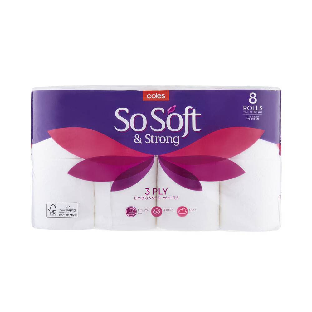 Coles So Soft & Strong 3 Ply Toilet Tissue Rolls (8 pack)