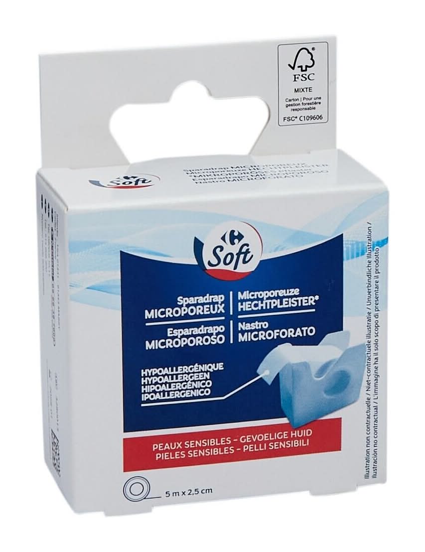 Carrefour Soft - Sparadrap doux hypoallergénique fixation de pansements, 5 m x 2.5 cm