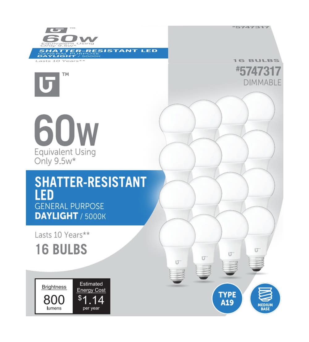 Utilitech 60 -Watt EQ A19 Daylight Medium screw base E26 Dimmable LED General purpose Light Bulb 16 -Pack