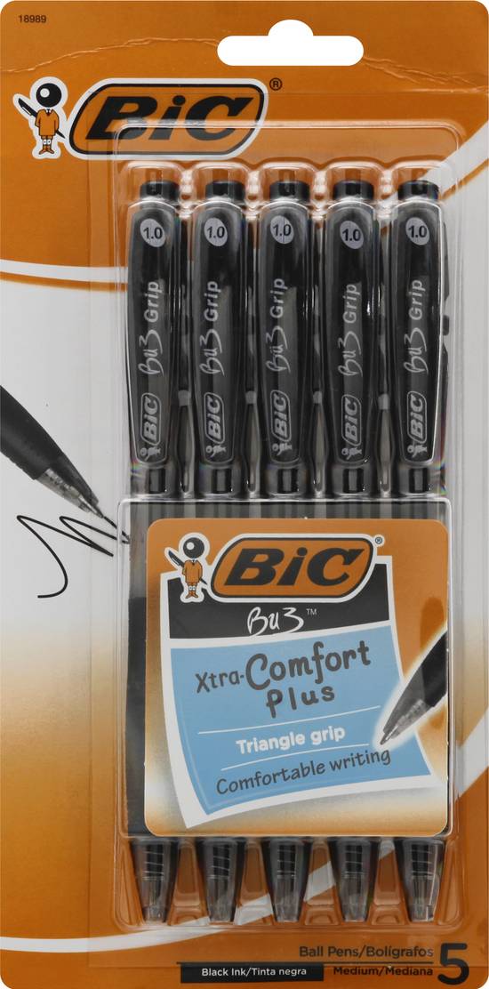 Bic Bu3 Grip Xtra Comfort Plus Black Ink Medium Ball Pens (5 ct)