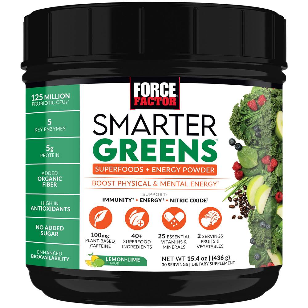 Smarter Greens Superfoods + Energy Powder – Boost Physical & Mental Energy – Lemon-Lime (30 Servings)