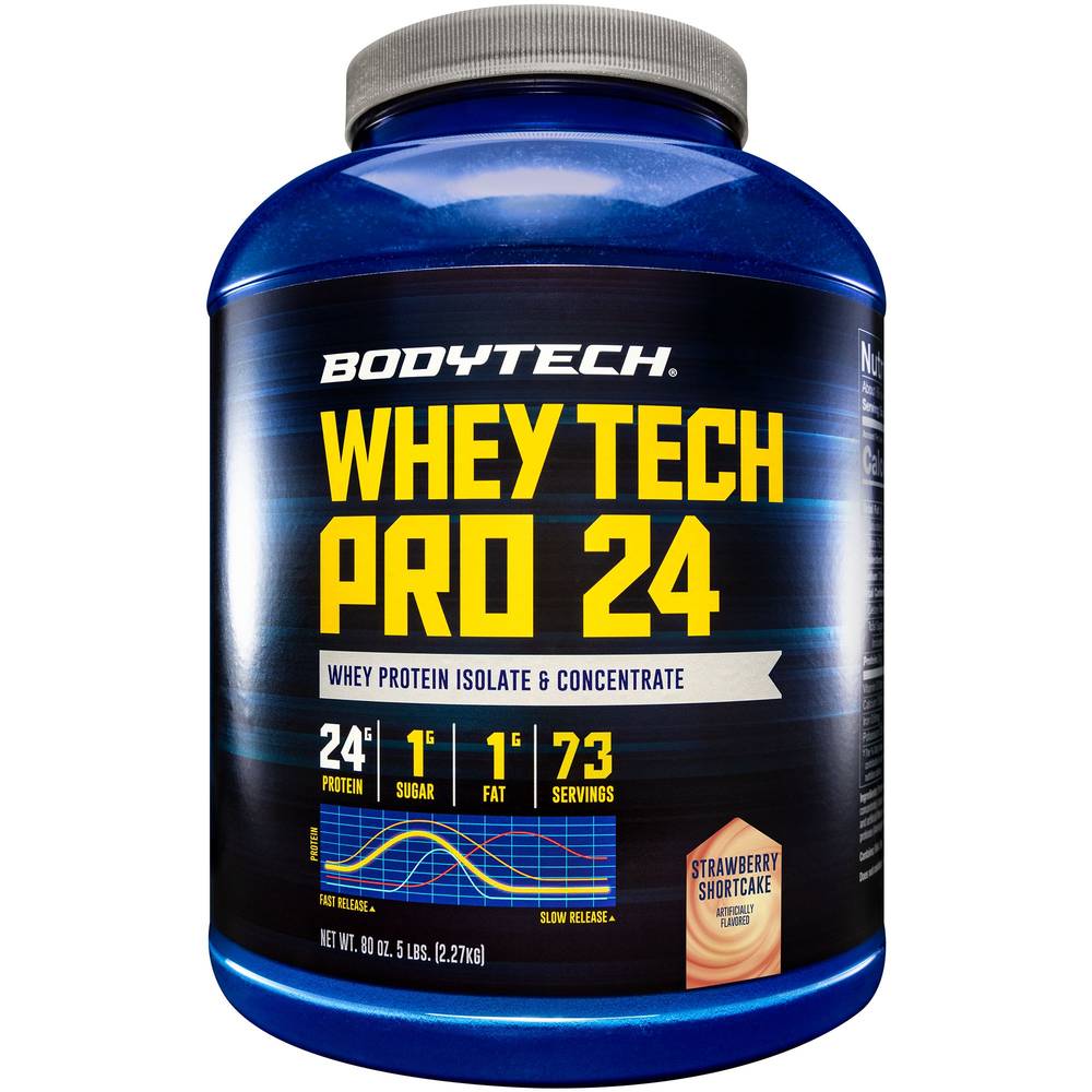 BodyTech Whey Tech Pro 24 Whey Protein Isolate & Concentrate Powder, Strawberry (5 lbs)