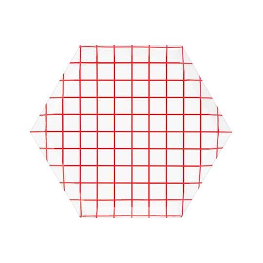 Celebrate It Grid Hexagon Paper Plates, 7.5" x 6.5", Red (10 ct)