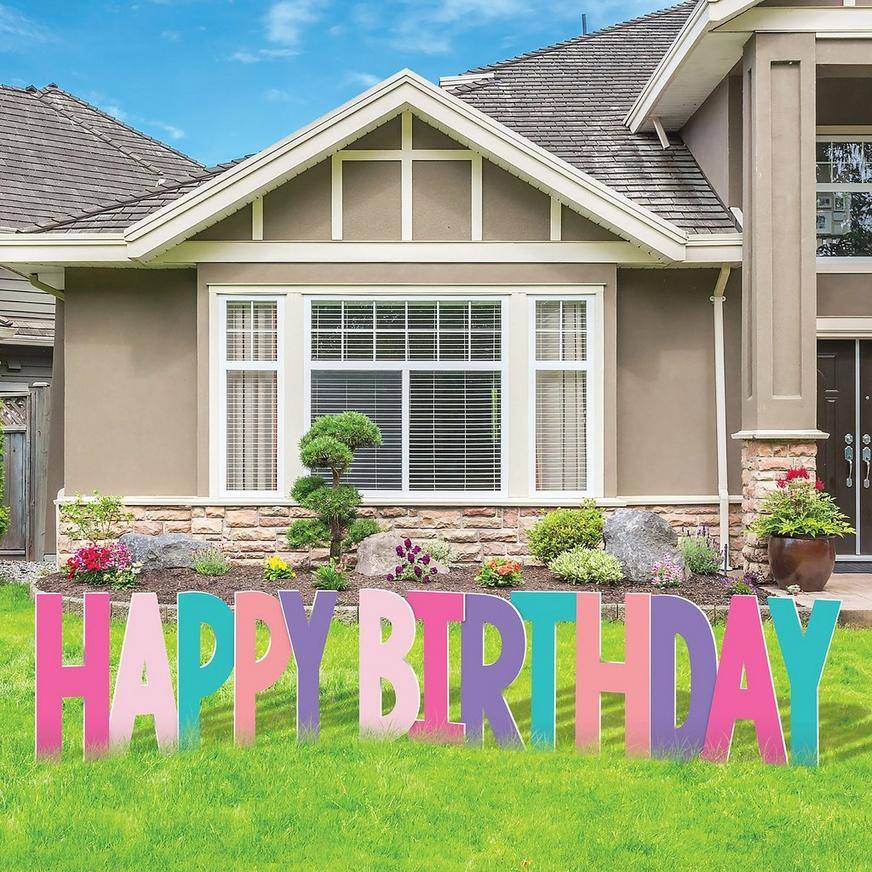 Pink, Blue, Purple Happy Birthday Corrugated Plastic Yard Sign Phrase Set, 27in Letters, 7pc
