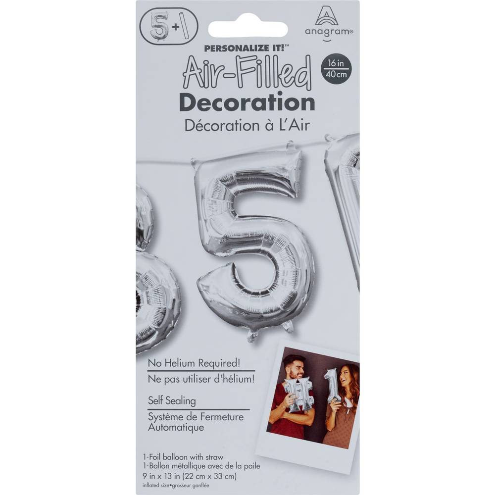 Anagram Number 5 Shape Air Fill Foil Balloon, 9 in x 13 in, Silver