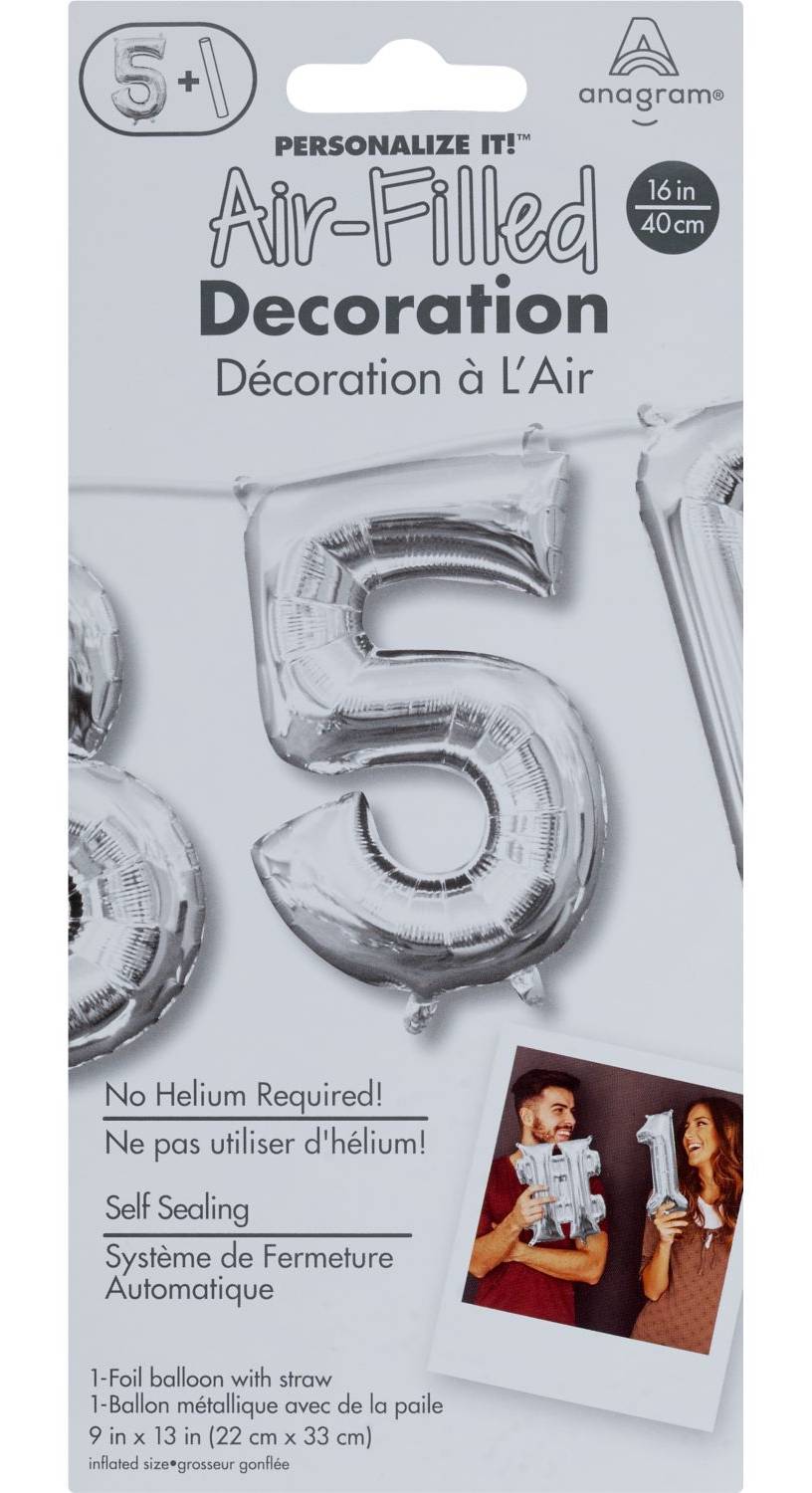 Anagram Number 5 Shape Air Fill Foil Balloon, 9 in x 13 in, Silver