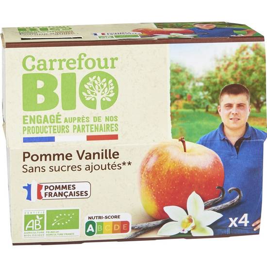 Carrefour Bio - Compotes pommes vanille sans sucres ajoutés (4 pièces)