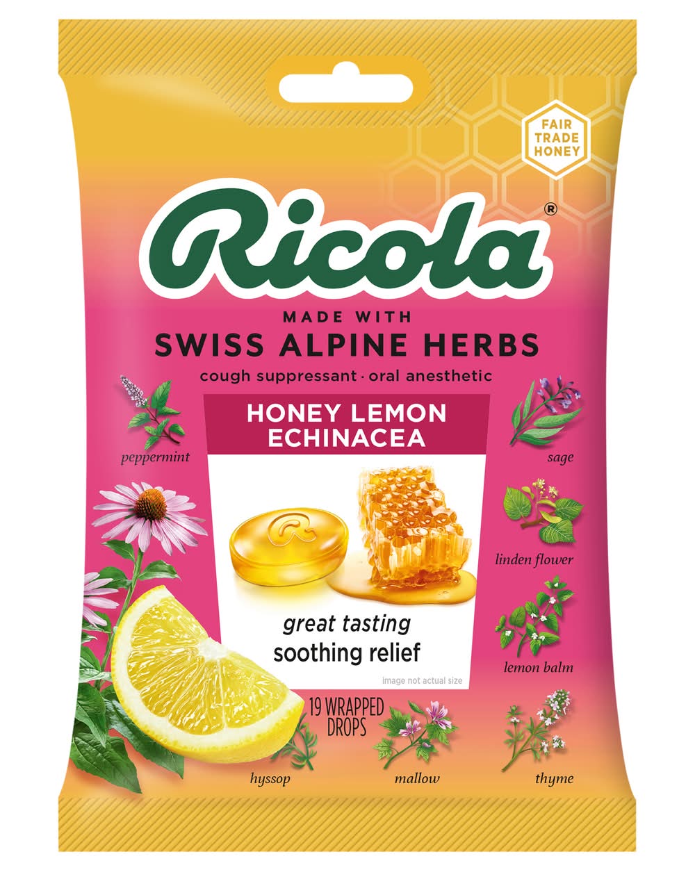 Ricola Cough Suppressant Drops, Honey Lemon Echinacea (19 ct)