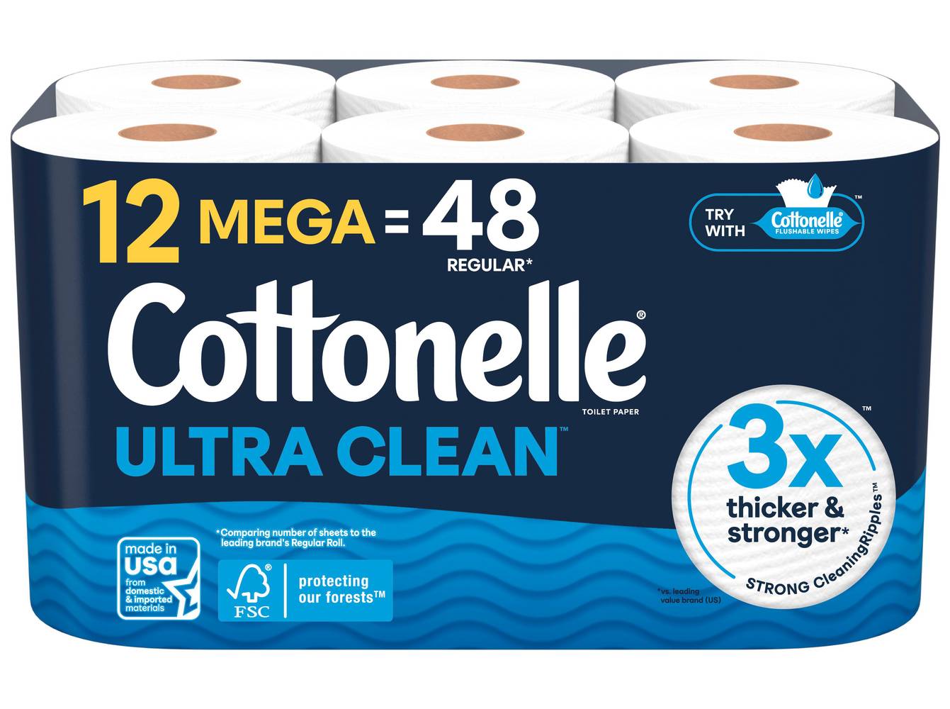 Cottonelle Ultra Clean Toilet Paper Tissue Mega Rolls, 3.82X4 in, White (12 ct)