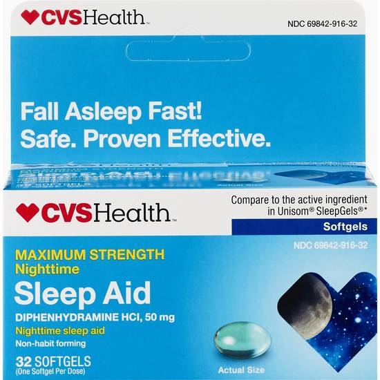 CVS Health Maximum Strength Nighttime Sleep Aid Diphenhydramine HCI 50 MG Softgels, 32 CT