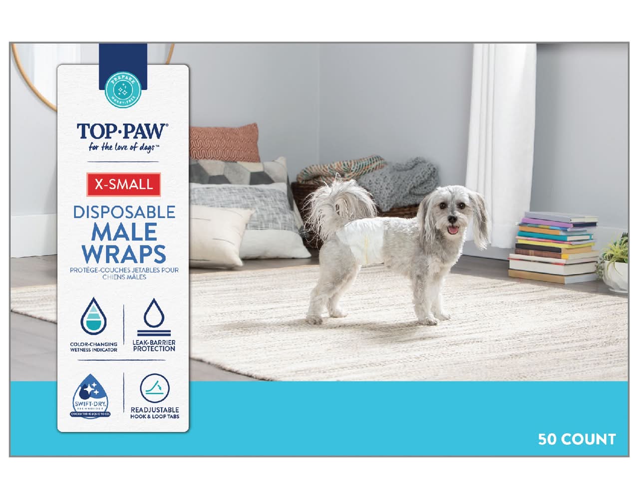 Top Paw® Male Disposable Dog Diapers, Swift-Dry® Wrap, Leakproof and Comfortable, 50 Count (Size: X Small)