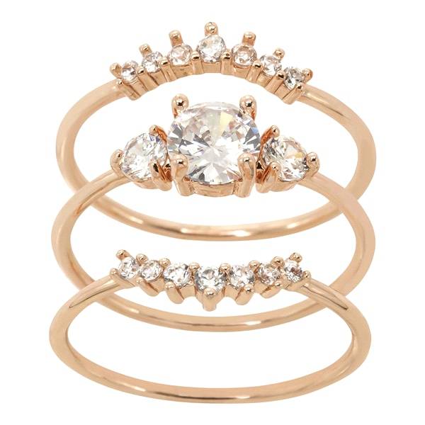 City by City Rose Gold Tone 3 Stone Cubic Zirconia & Chevron 3 Band Ring Set in Size 7