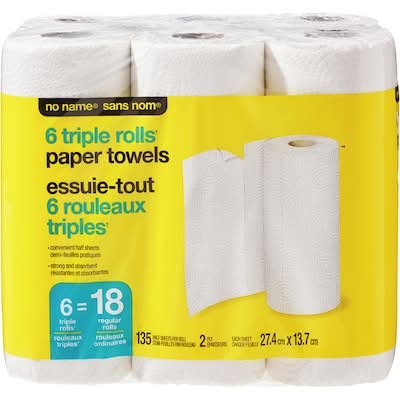 No name essuie-tout rouleaux triples 2 épaisseurs - 2 ply triple roll paper towels (6 pièces) (27.4x13.7 cm)