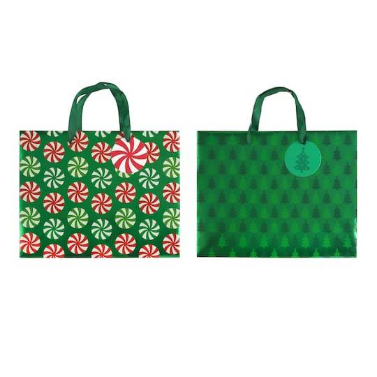 Celebrate It Round Peppermint & Christmas Tree Print Gift Bag Set, 10" (2 ct)