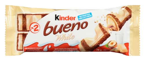 Bueno gaufrettes enrobées de chocolat blanc fourrées aux noisettes - white chocolate coated wafers with hazelnut filling (2 unités)
