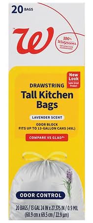 Walgreens Drawstring Tall Kitchen Bags 13 Gallon, Lavender, White (20 ct)