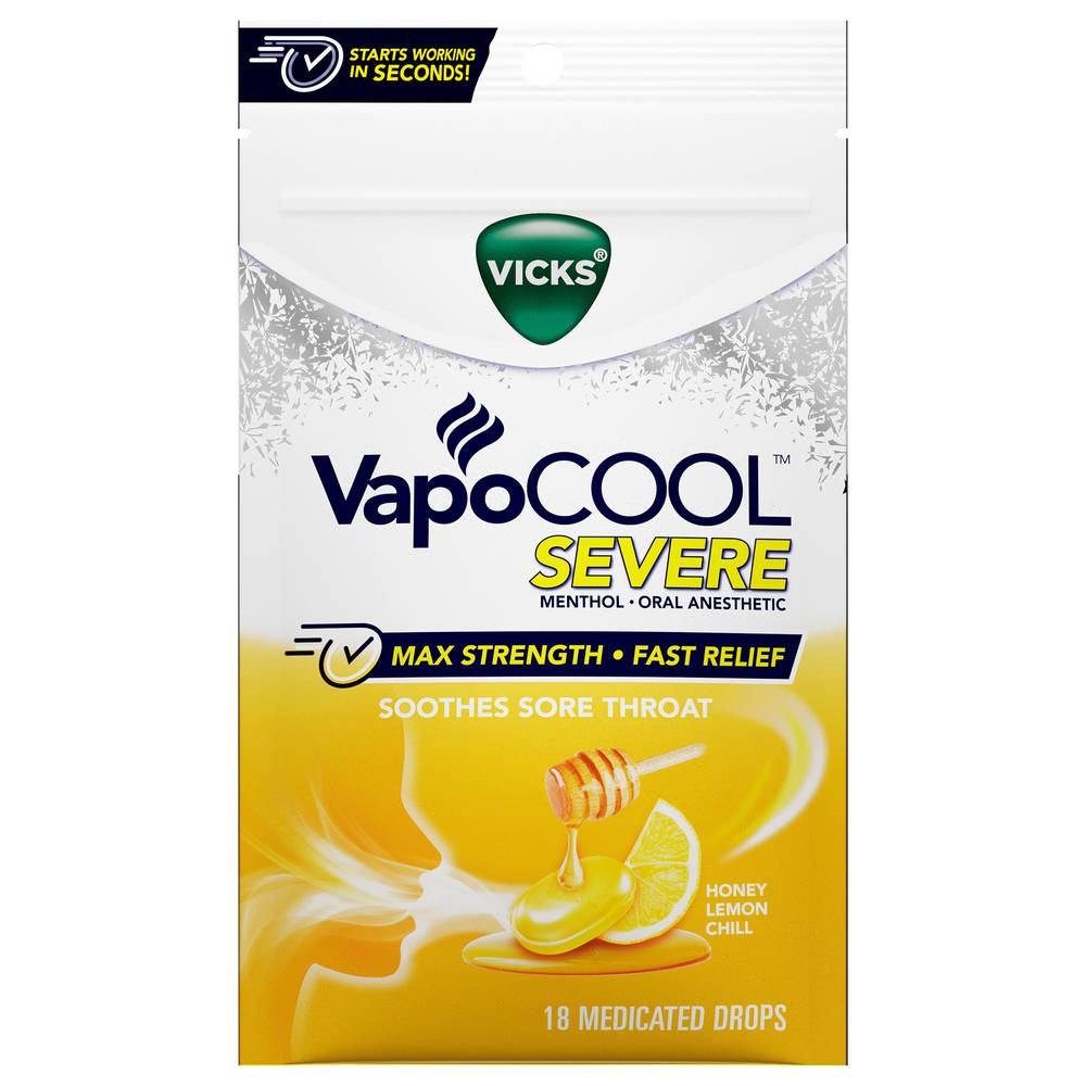 Vicks Vapocool Severe Max Strength Honey Lemon Chill Soothes Sore Throat Drops