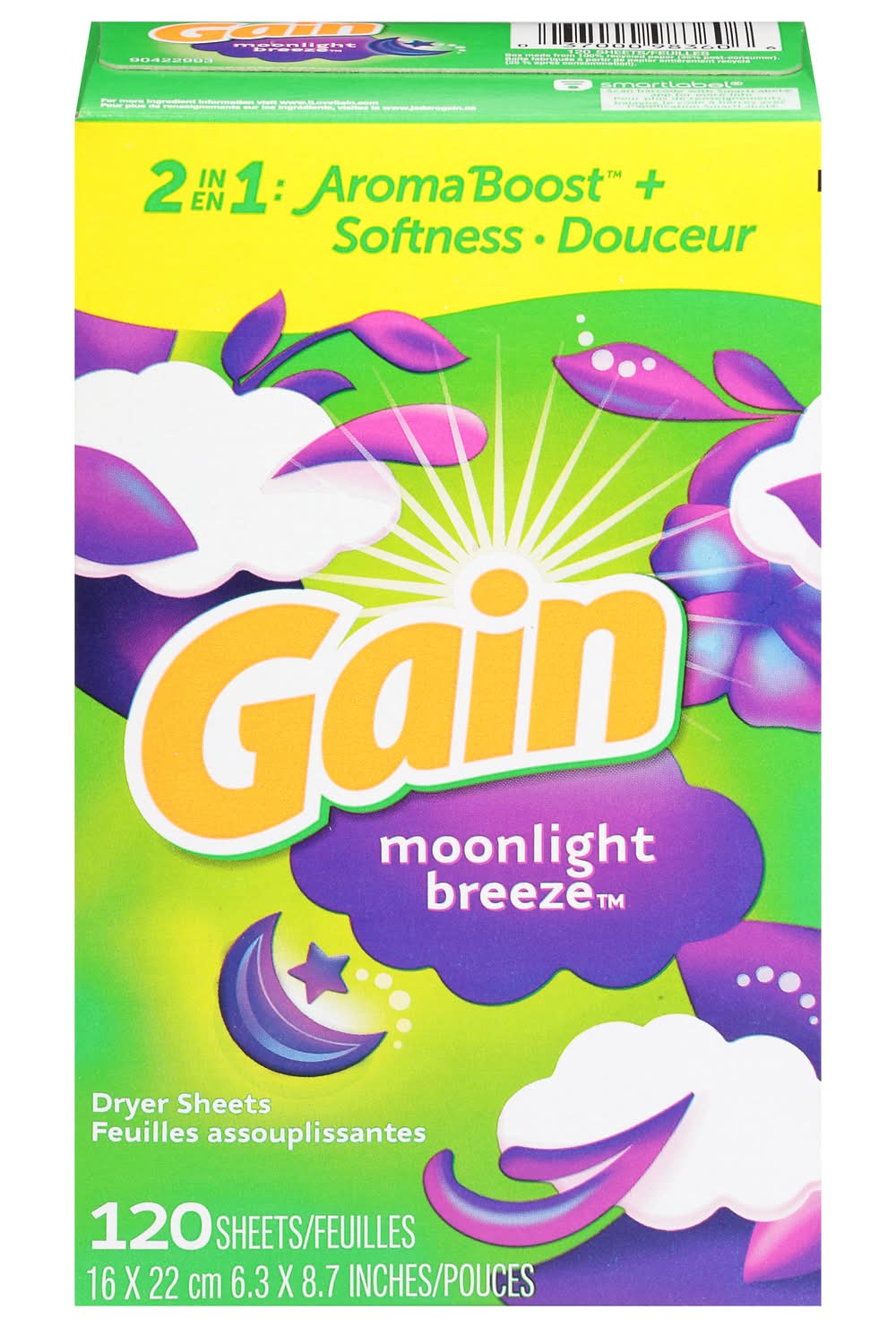 Gain Aroma Boost Plus Softness 2 in 1 Dryer Sheets, Moonlight Breeze, 6.3x8.7 in (9.3 oz, 120 ct)