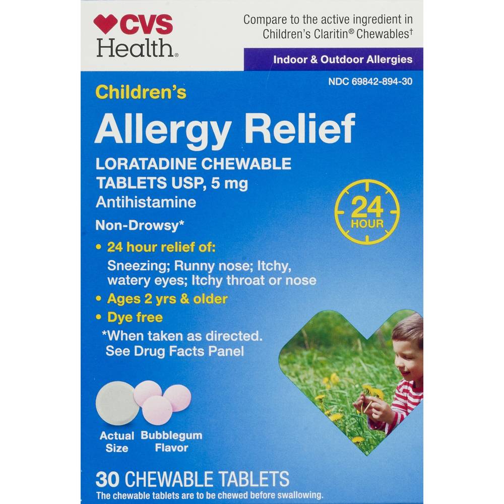 Cvs Health Children'S Allergy Relief Non-Drowsy Loratadine 5Mg Chewable Tablets Usp, Bubblegum, 30 Ct