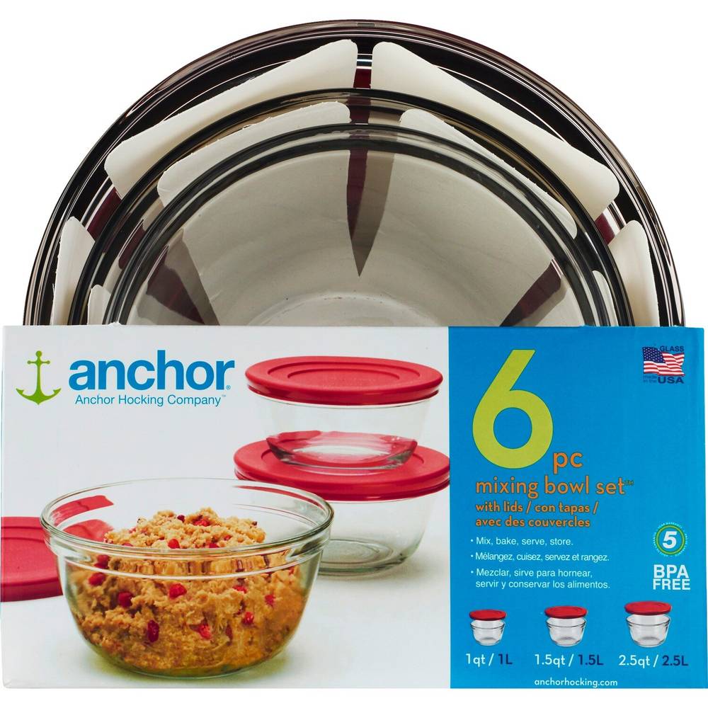 Anchor Hocking 6 Piece Glass Food Prep Mixing Bowl Set