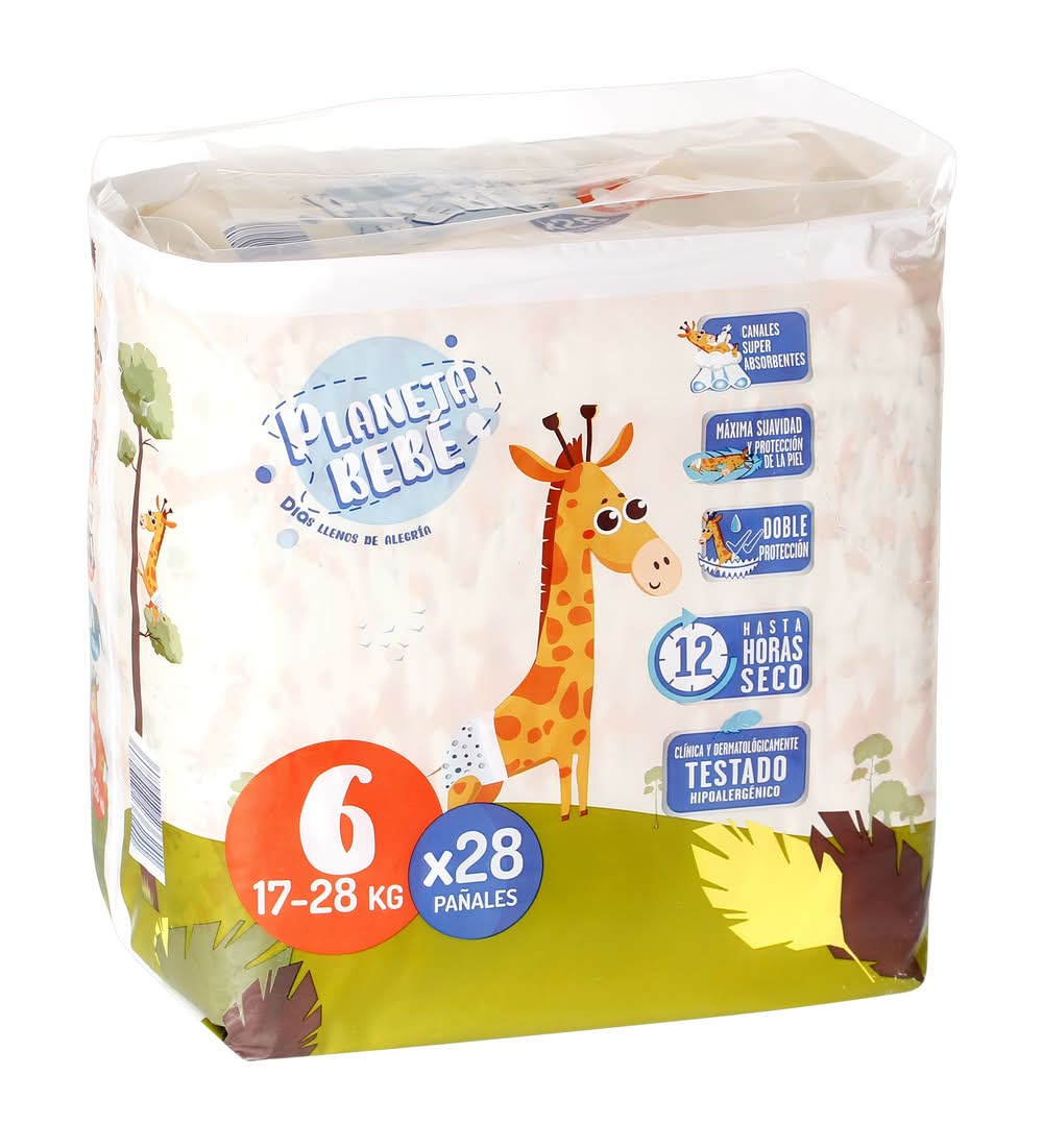 Pañales 17-28 Kgs Talla 6 Planeta Bebé De Dia Bolsa 28 Unidades