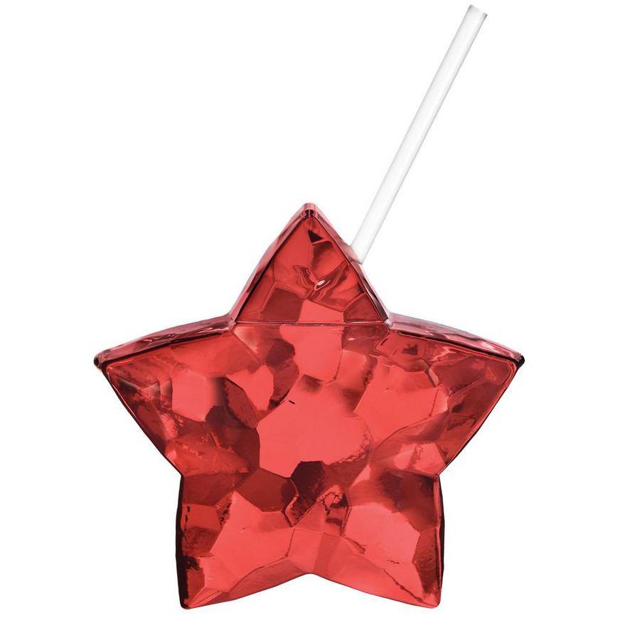 Party City Metallic Red Patriotic Star Plastic Cup With Straw (red)