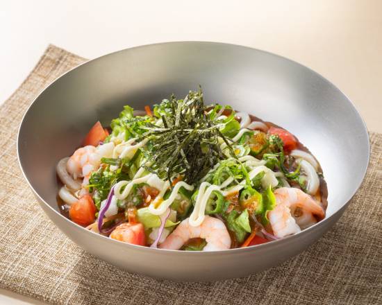 ねばとろサラダうどん Udon Noodle Salad w/Shrimp and Sticky- slimy Yamaimo, Okura