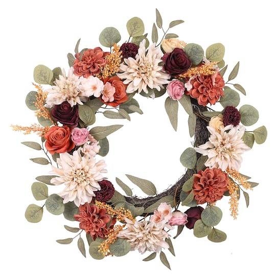 24" Pink Rose, Cream Dahlia & Eucalyptus Wreath By Ashland