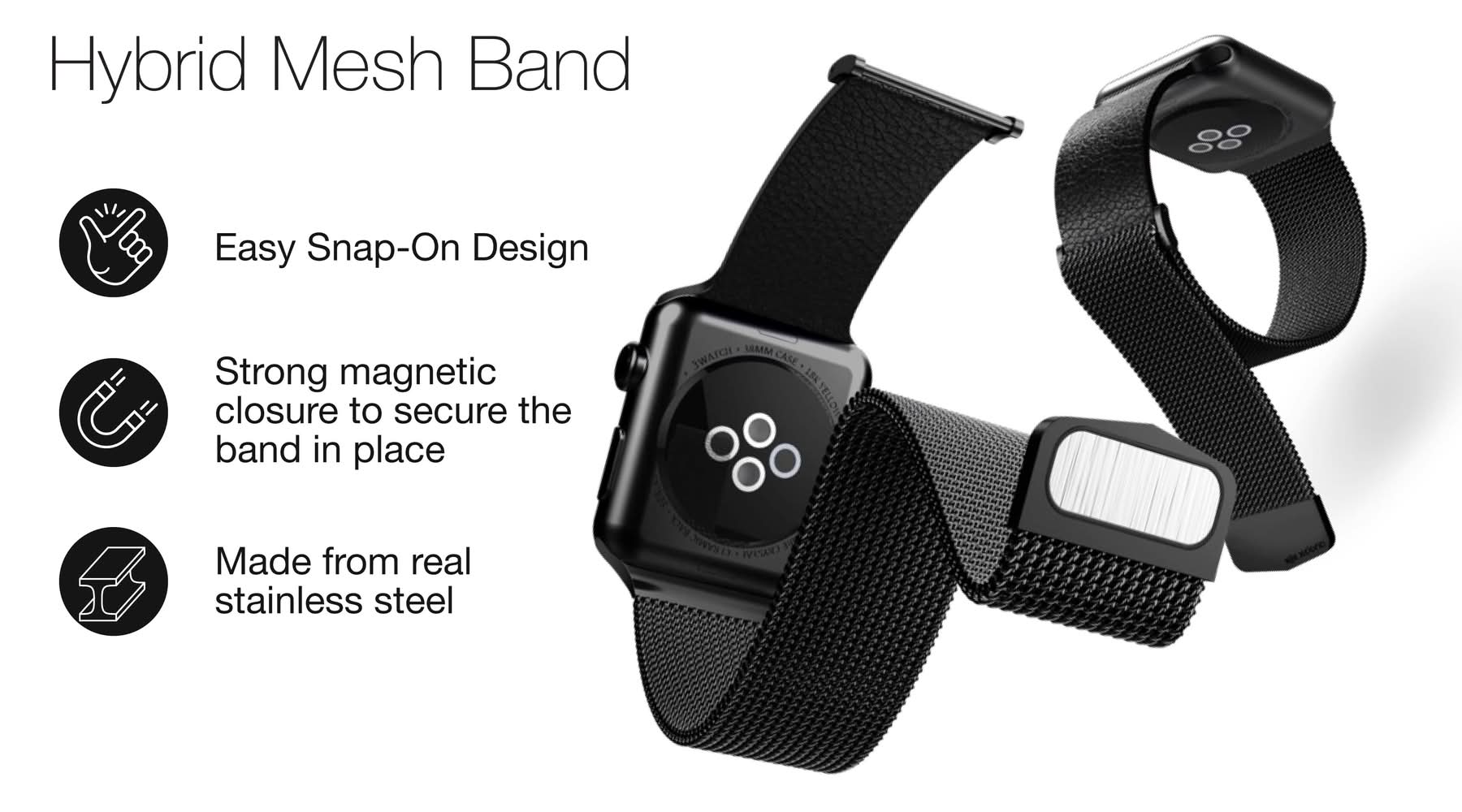 Raptic - Hybrid Mesh Watch Band for Apple Watch 42mm, 44mm, 45mm - Black