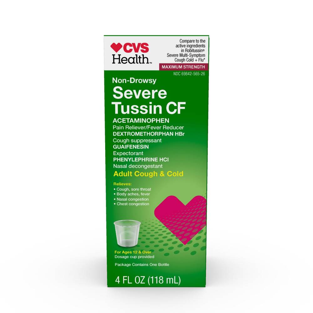 CVS Health Maximum Strength Non Drowsy Severe Tussin CF Cough & Cold Liquid, 4 OZ