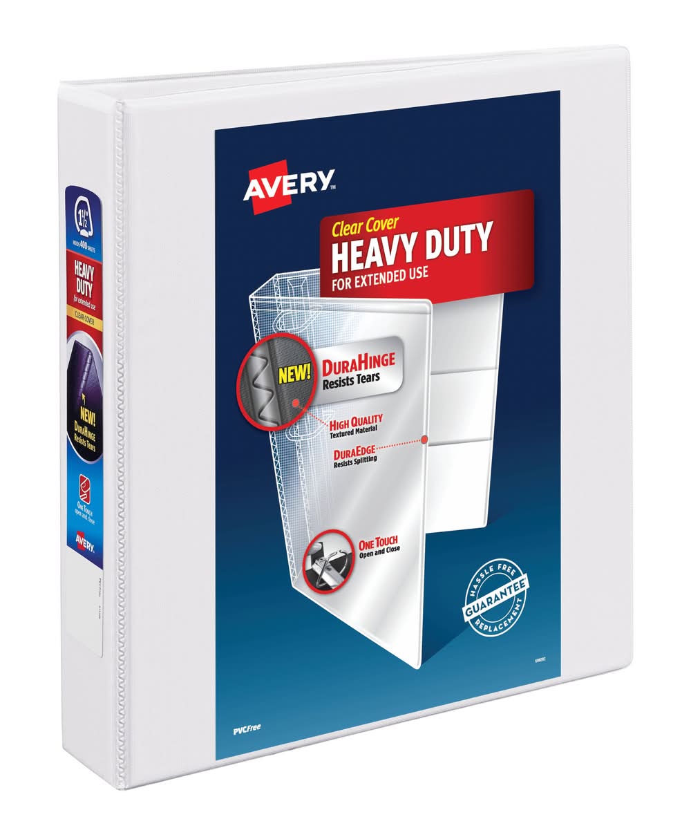 Avery 400 Sheet Capacity Heavy-Duty Ring Binder, 1.5 Inch, White