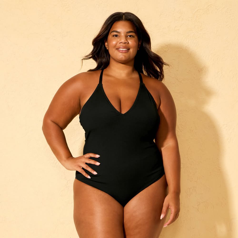 Women's Ribbed Plunge Neck Cheeky Coverage One Piece Swimsuit - Shade & Shore™ Black M