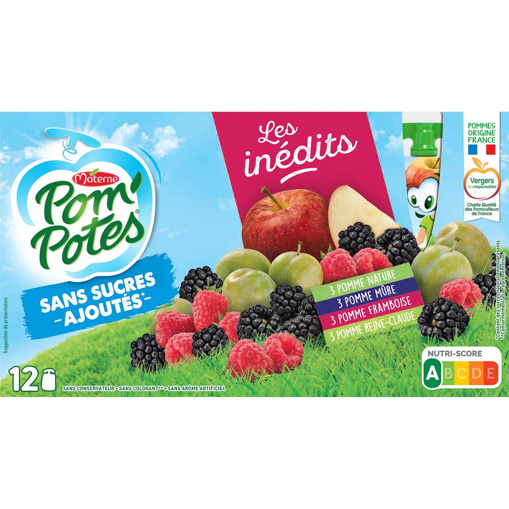 Materne - Les inédits pom'potes sans sucre ajoutés (pomme nature - pomme mûre - pomme framboise - pomme reine claude)